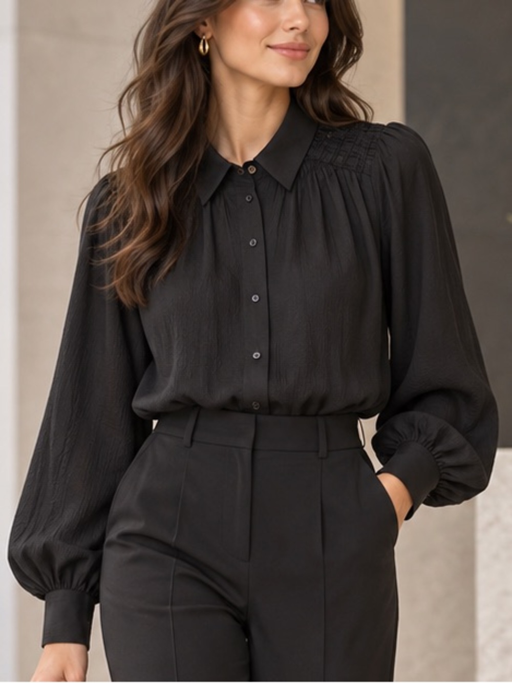 Max Studio Black Long-Sleeve Button Front Blouse